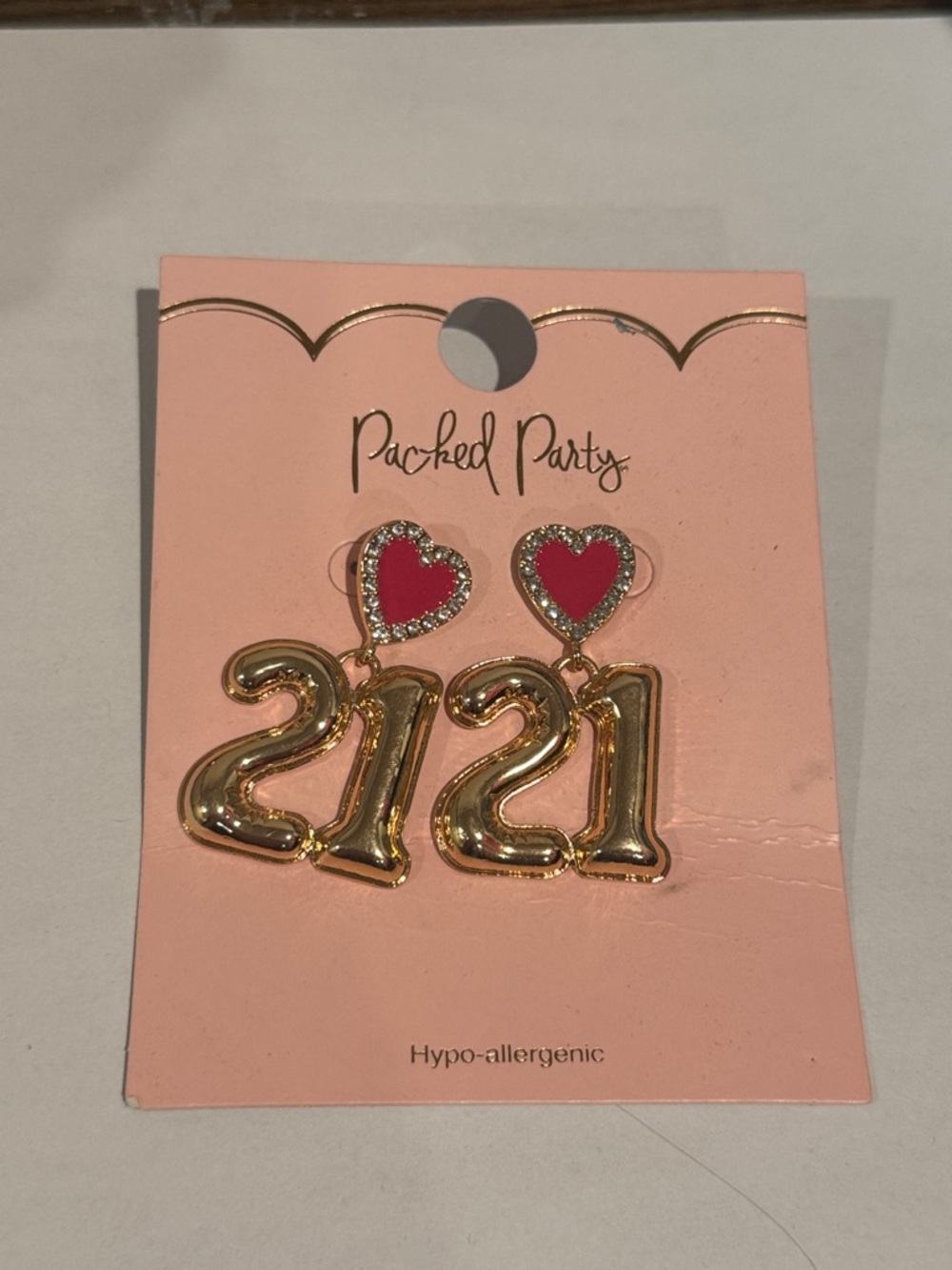 NWT Packed Party Gold “21” Earrings with Pink Heart Accents- Hypoallergenic